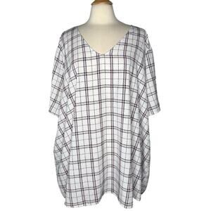 Meri Skye Plaid Top White Flowy Casual Dressy Plus Size V Neck Minimalist CA3